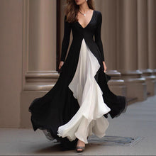Load image into Gallery viewer, Long Sleeve V neck Slim Waist Dress French Black White Color Contrast Patchwork Large Swing Dress