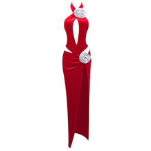 Load image into Gallery viewer, Red Rhinestone Three Dimensional Floral Hollow Out Cutout Velvet Dress Backless Formal Dress