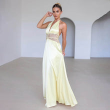 Load image into Gallery viewer, Summer Elegant Deep V Plunge Silky Satin Dress Stitching Halter Waist Tight Sexy Dress