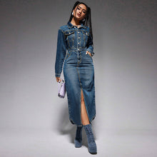Load image into Gallery viewer, Women Clothing Collared Button Long Sleeve Split Denim Maxi Dress