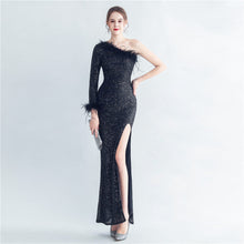 Load image into Gallery viewer, Craft Ostrich Feather Decorative Diagonal Shoulder Roman Collar Side Slit High End Evening Dress