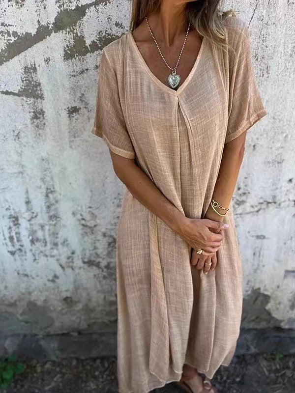 Cotton Linen V neck Semi Formal Dress