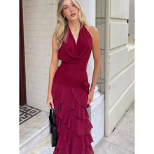 Load image into Gallery viewer, Halter Wooden Ear Slit Dress V neck Pleated Ruffled Waist Tight Sexy Dress