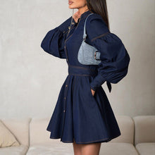 Load image into Gallery viewer, Denim Shirt Dress Niche Design Lantern Sleeve Lace up Graceful Fashionable Dress