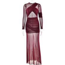 Load image into Gallery viewer, Sexy Mesh See through Maxi Dress Long Sleeve Sexy Pleated Slim Fit Dress