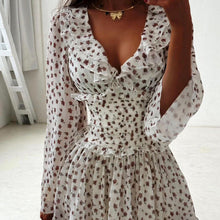 Load image into Gallery viewer, Women Digital Printing Elegant Dress V neck Long Sleeve Ruffled High Waist Lace up A line Dress