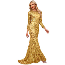 Load image into Gallery viewer, Spring Autumn Sequined Dress Purple Crew-Neck Long Evening Dress Long Sleeve Dress
