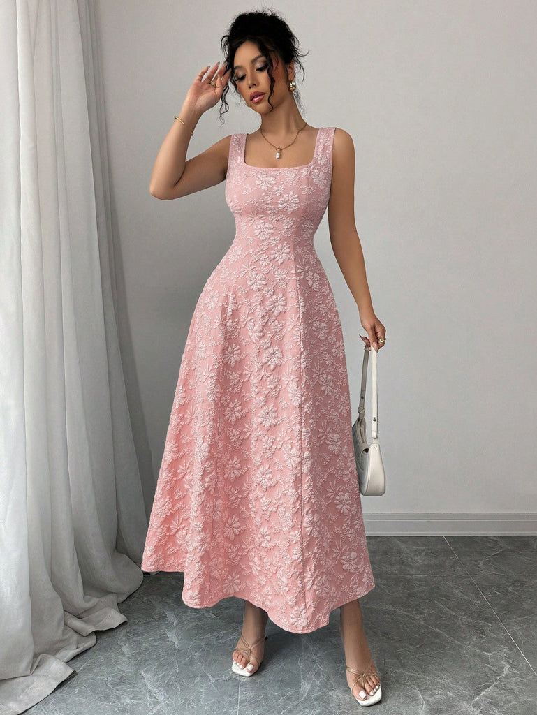 Popular Summer Vest Pullover Square Collar Jacquard Floral Swing Elegant Dress