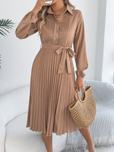 Load image into Gallery viewer, Spring Summer Elegant Solid Color Collared Long Sleeve Cinched Pleated Dress Women Clothing