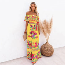 Load image into Gallery viewer, Spring Summer off Shoulder Red Floral Printed Long Large Hem Dress