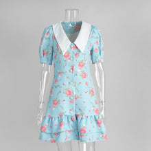 Load image into Gallery viewer, French V neck Puff Sleeve Dress Summer Waist Trimming Printing Short Dress Ruffled Dress