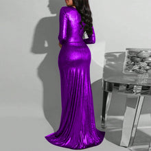 Load image into Gallery viewer, Women Wear Sexy Slit Evening Gown V neck Long Sleeve Dress