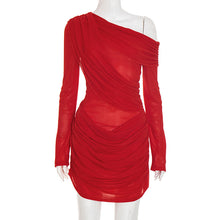 Load image into Gallery viewer, Women Clothing Autumn Solid Color Slim Casual Mesh Shoulder Pleated Long Sleeve Short Dress