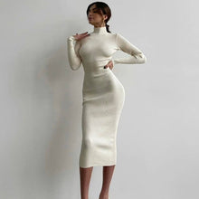 Load image into Gallery viewer, High Collar Mid Length Sunken Stripe Knitted Dress Women Solid Color Wool Tight Sexy Autumn Winter Dress