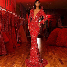 Load image into Gallery viewer, Spring Women Clothing Sheath Dress Fishtail Edge Red Paillette Long Sleeve V neck Dress