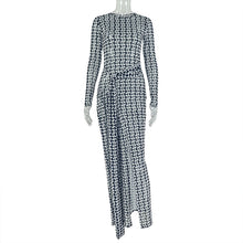 Load image into Gallery viewer, Women Split Slightly Transparent Waist Hip Dress Printed Turtleneck Long Sleeve Dress