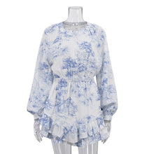 Load image into Gallery viewer, Autumn Cotton Champray Printed Casual Dress Women round Neck Long Sleeve Ruffles A line Dress