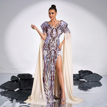 Load image into Gallery viewer, Women Clothing Advanced Long Sleeved V neck Slim Fit Cocktail Sequined Mid Length Evening Dress for Women