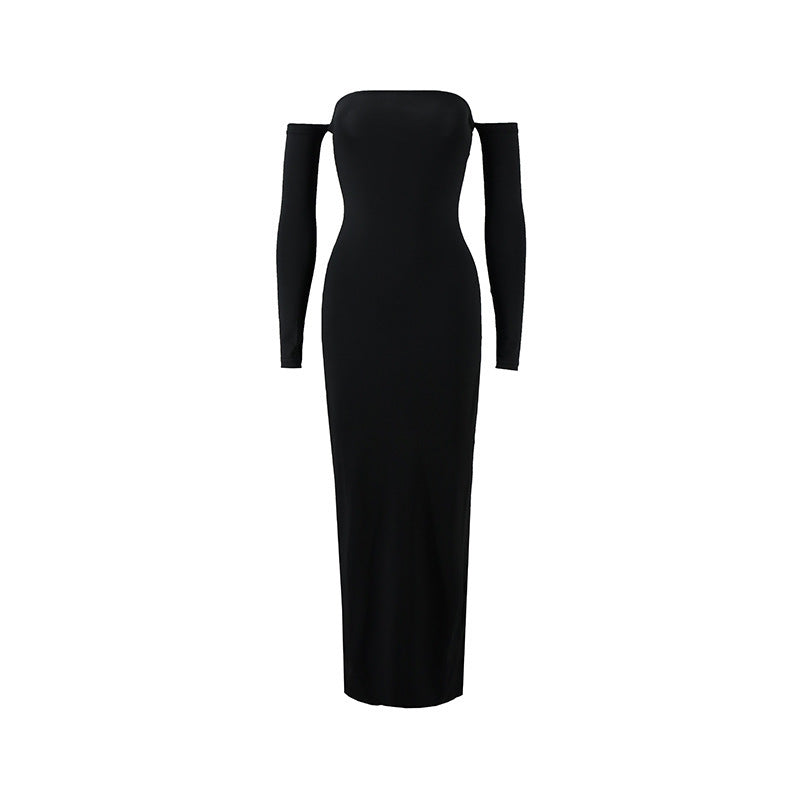 Women Clothing Sexy Sexy off Shoulder Tube Top Oversleeve Slim Sheath Split Elegant Dress