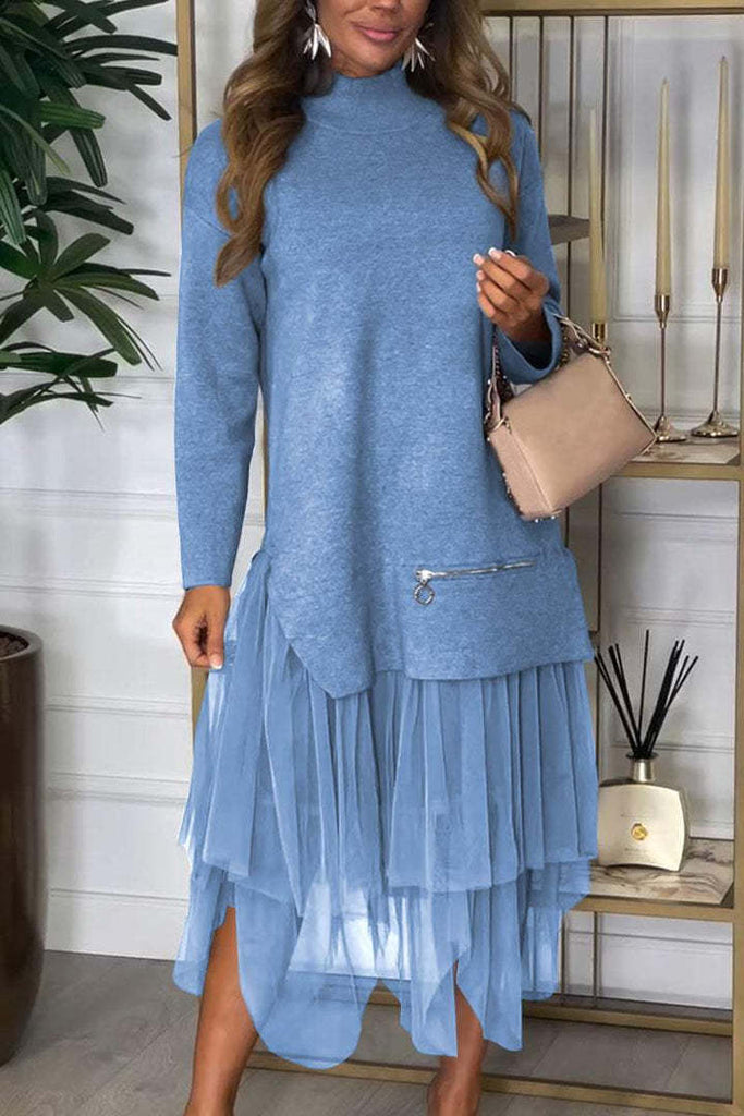 Autumn Winter Women Casual Mesh Stitching Dress