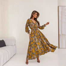 Load image into Gallery viewer, Women Clothing Women Clothing Printed V Neck Sexy Slit Long Sleeve Dress