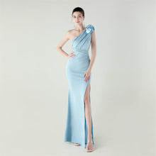 Load image into Gallery viewer, One Shoulder Three Dimensional Floral Satin Folding High Slit Sexy Evening Dress Dinner Wedding Social