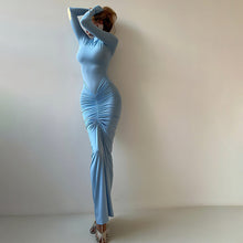 Load image into Gallery viewer, Women Clothing Autumn Solid Color Elegant Slim Slimming Pleated Turtleneck Long Sleeve Dress