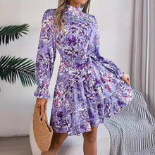 Load image into Gallery viewer, Real Shot Autumn Winter Elegant Stand Collar Floral Waist Controlled Long Sleeves Ruffled A line Dress Women Clothing