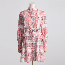 Load image into Gallery viewer, Spring Summer French Stand-up Collar Lace Lace up Waist Controlled Slimming Lantern Sleeves Dress Stitching Short Dress