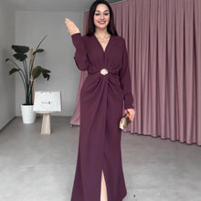 Load image into Gallery viewer, Fall V neck Long Sleeve Waist Controlled Pleated Women Dress