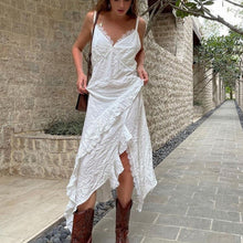 Load image into Gallery viewer, French Design Irregular Asymmetric Hem Backless Sexy Dress Women Lace Stitching Sleeveless Cami Dress