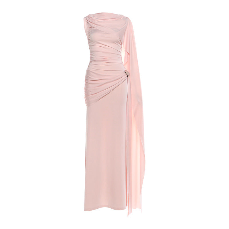 Autumn Winter Sexy Slim Waist Ribbon Pleated Solid Color Dress Elegant Dress