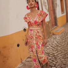 Load image into Gallery viewer, V neck Flounce Slit Positioning Floral Backless Dress