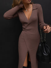 Load image into Gallery viewer, Split Strap Thread Knitted Dress Mid Length Autumn Winter Polo Collar Long Sleeve Sexy Tight Dress