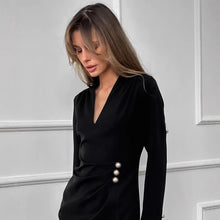 Load image into Gallery viewer, Design Pearl Button V neck Long Sleeve Shirt Women Elegant Waist Tight Hip Wrapped