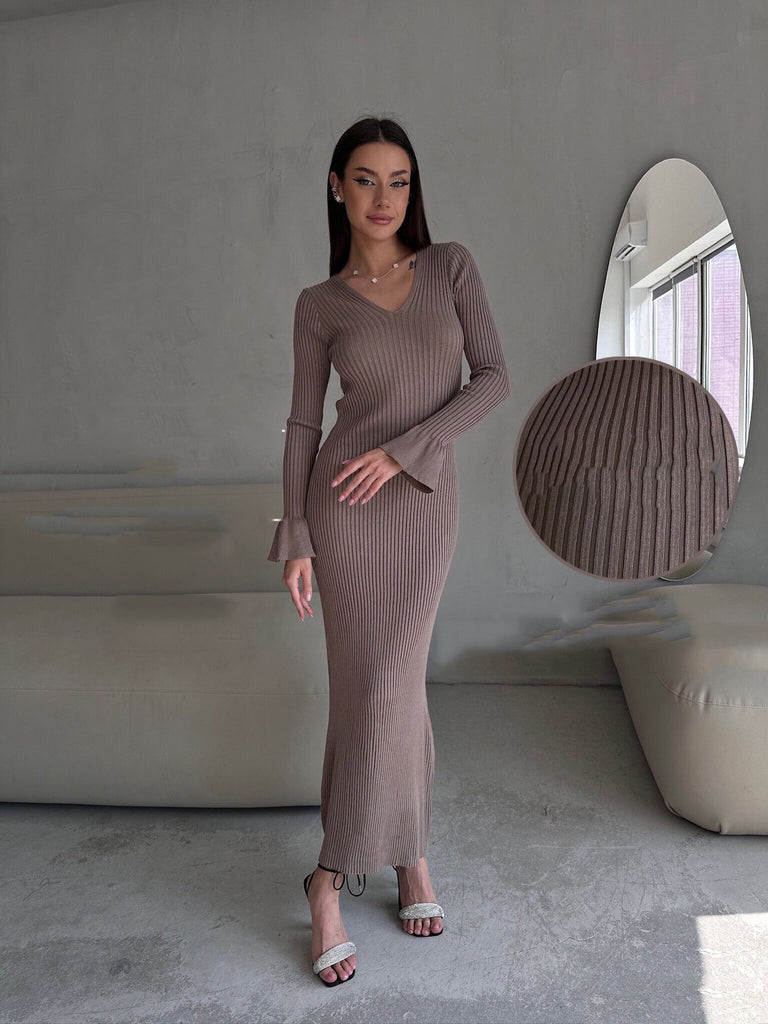 Long Sleeve V neck Tight Knitted Dress Solid Color Rib Fabric Wool Long Autumn Winter Dress