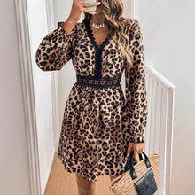 Load image into Gallery viewer, French Lady Vintage V neck Leopard Print Long Sleeve Lace Patchwork Long Sleeve Dress