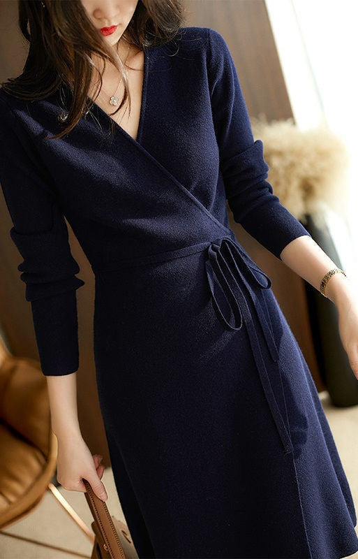 V neck Lace up Stomach Blanket Dress Women Autumn Winter Korean Loose Slim Socialite Knitted Dress