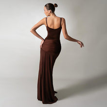 Load image into Gallery viewer, Dress Sexy Slim Fit Maxi Dress Backless Brown Pleating Ribbon Dress