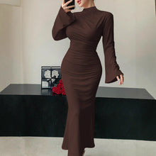 Load image into Gallery viewer, Sexy Minimalist Dress Slim Fit Wild Bell Sleeve Half Turtleneck Sheath Dress