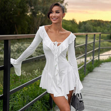 Load image into Gallery viewer, Women Clothing Ruffled Pointed Collar Rope Bell Sleeve Dress
