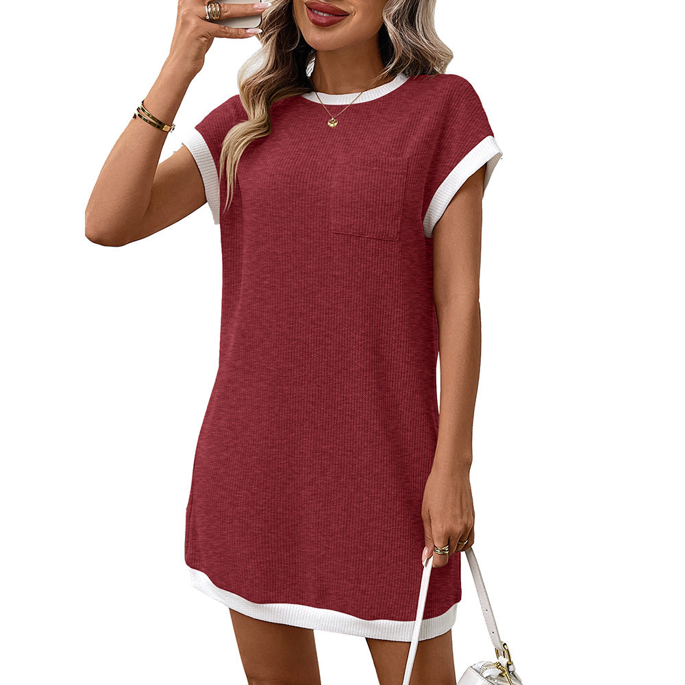 Summer Women Solid Color Casual Contrast Color Short Sleeve Pocket Dress