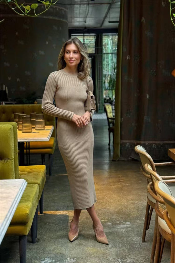 Long Sleeve Fall Winter Sweater Dress Women Knitted round Neck Sunken Stripe Solid Color Tight Dress Women