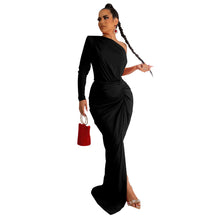 Load image into Gallery viewer, Women Clothing Autumn Oblique Shoulder Pleated Solid Color Dress Maxi Dress