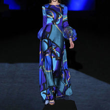 Load image into Gallery viewer, Blue Color Mid Waist Hepburn Office Maxi Dress Printing Dress