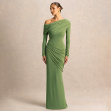 Load image into Gallery viewer, Women Clothing Autumn Winter Solid Color Elegant Slim Fit Asymmetric Neckline Pleated Dress
