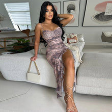Load image into Gallery viewer, Sexy High Split Dress Spaghetti Strap Ruffle Dress