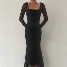 Load image into Gallery viewer, Autumn Winter Women Clothing Fashionable Elegant Lace Stitching Square Collar Slimming Pleated Maxi Dress