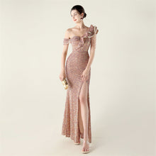 Load image into Gallery viewer, One Shoulder Pleated Ruffled Embellished Beaded Chain Sequined Evening Dress Cocktail Wedding Red Carpet