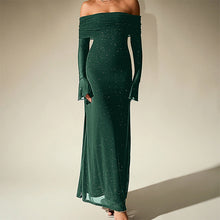 Load image into Gallery viewer, Mesh Silver Square Dress Sexy off Shoulder Flared Long Sleeve Dress Maxi Dress